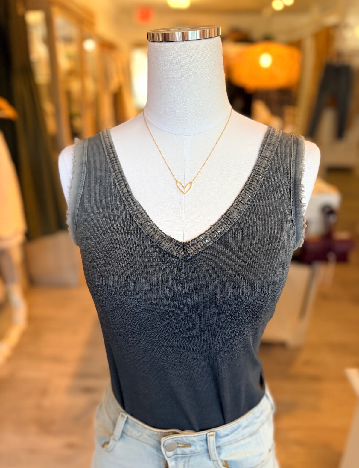 Sequin V-Neck Tank-Charcoal Grey