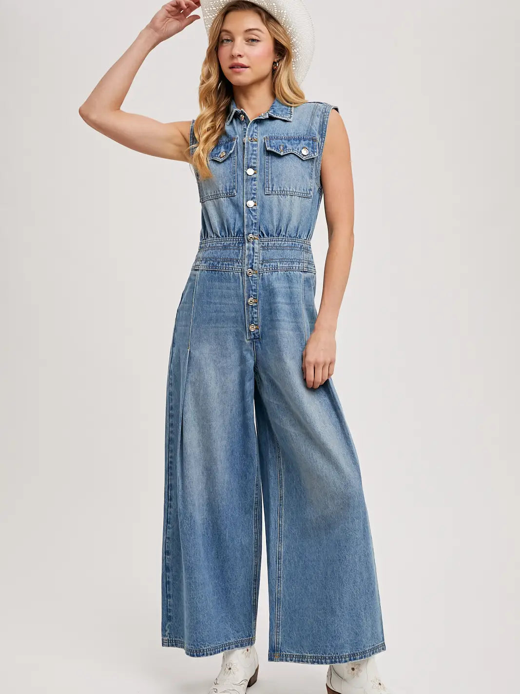 Denim Sleeveless Shirt Jumpsuit-Light Wash