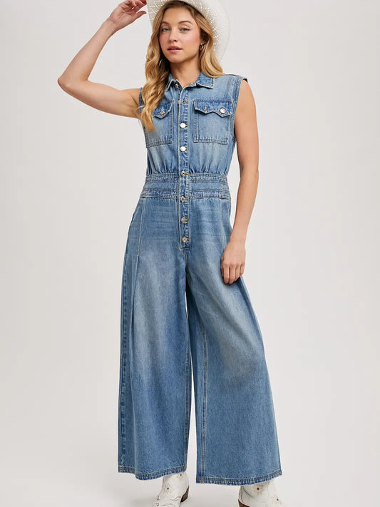 Denim Sleeveless Shirt Jumpsuit-Light Wash