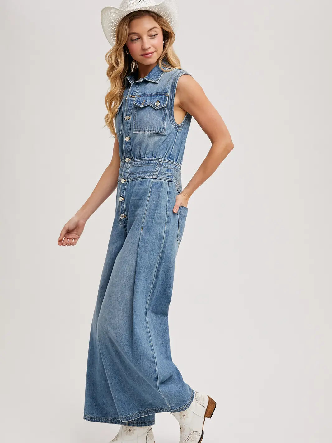 Denim Sleeveless Shirt Jumpsuit-Light Wash