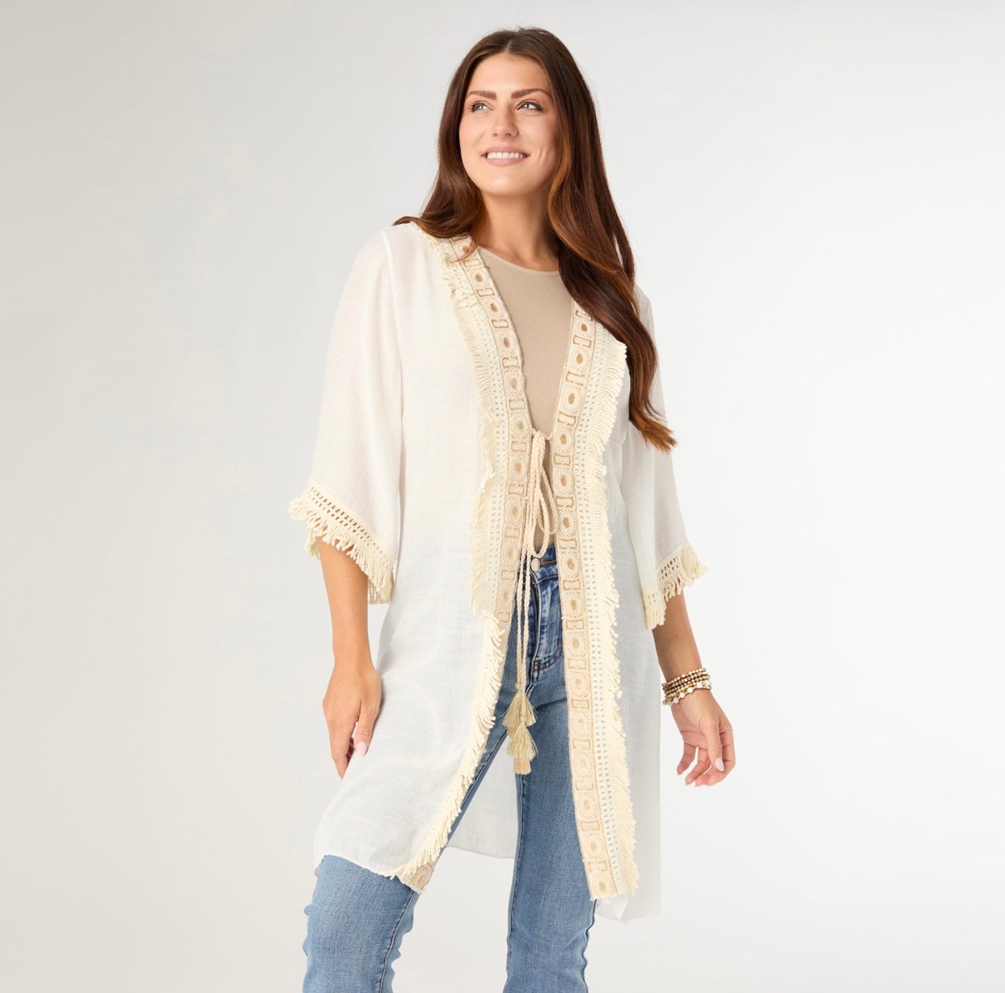 Ann Tie Cardigan w/Decorative Border-White