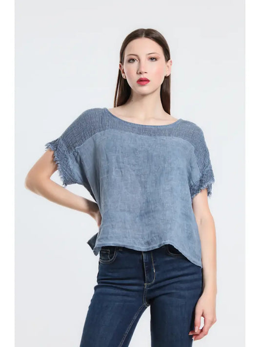 Frayed Mixed Media Top - Navy Enzyme