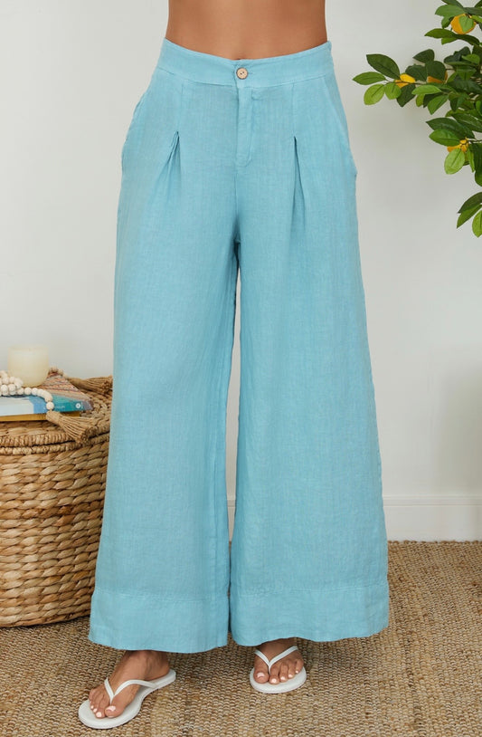 Linen Pleat Button Front Palazzo Pants-Blue Zuccero
