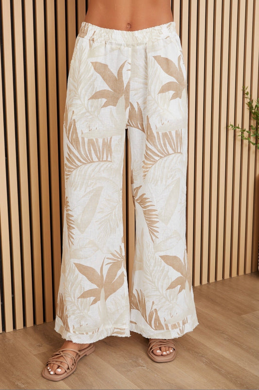 Hawaiian Print Fringe Hem Wide Leg Linen Pants White/Beige