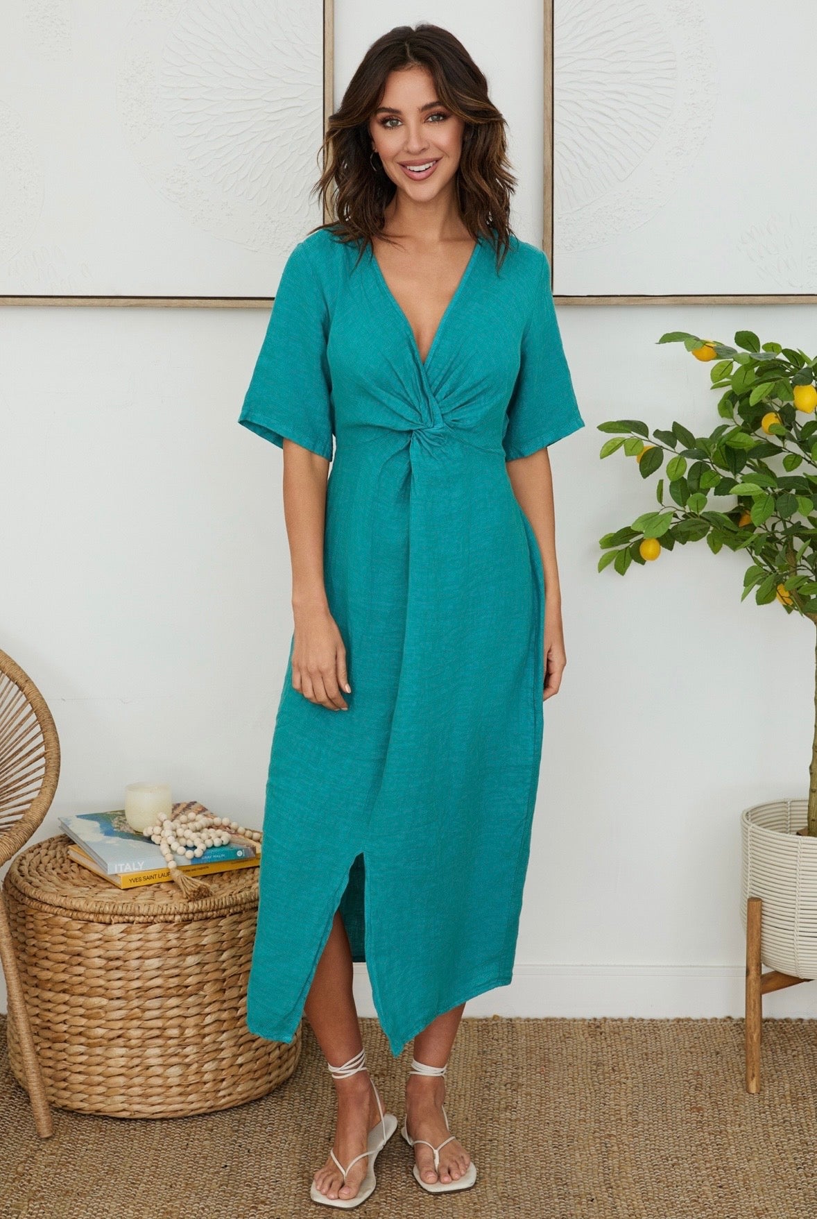 Front Twist S/S Linen Dress w/Slit-Capri
