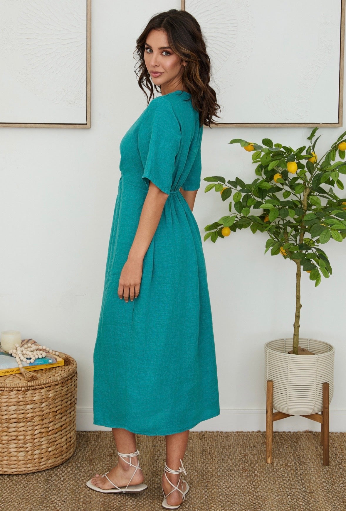 Front Twist S/S Linen Dress w/Slit-Capri