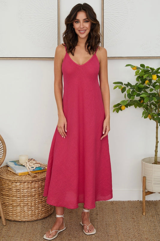 Italian Linen Maxi Slip Dress-Rasberry