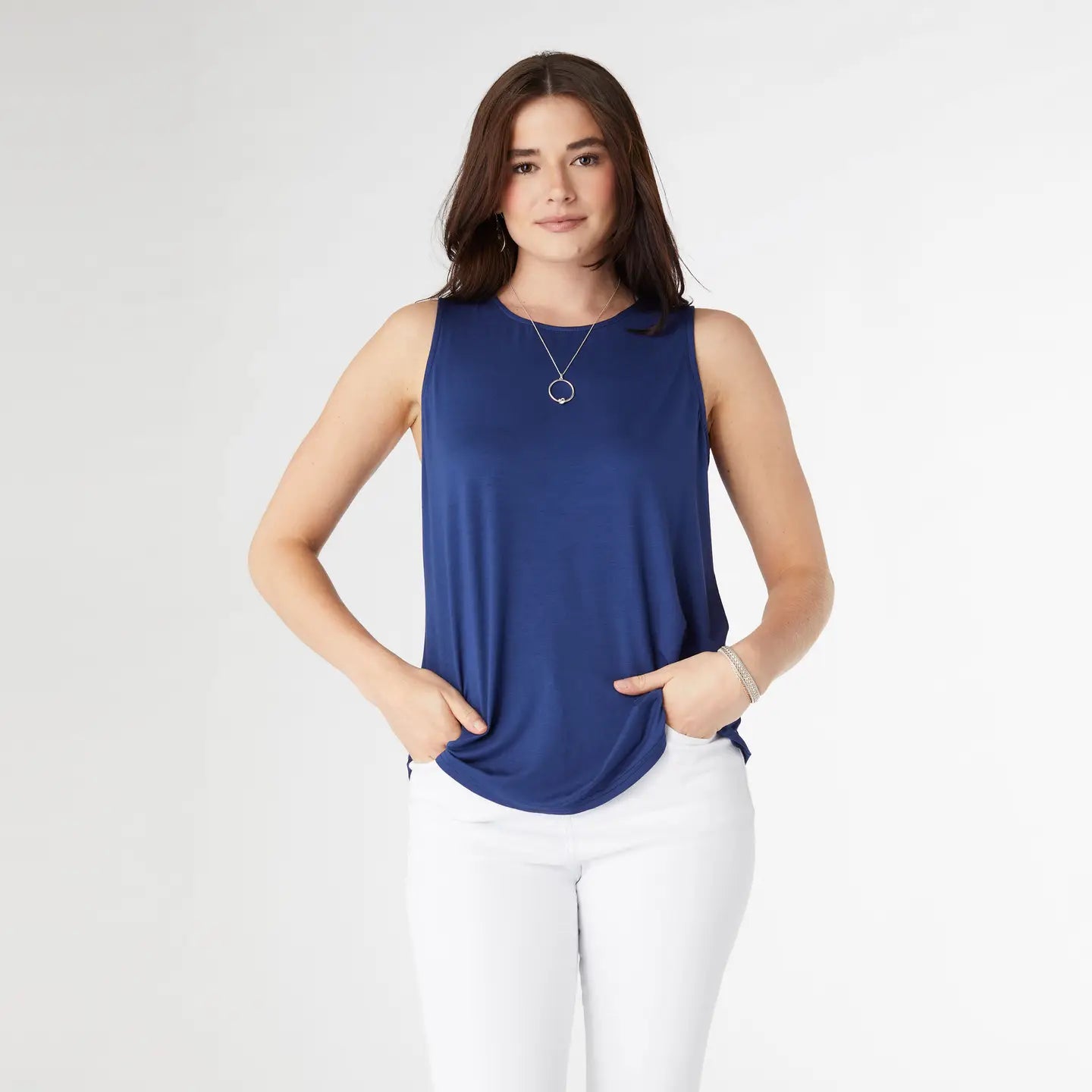 Pleat Back Tank-Navy
