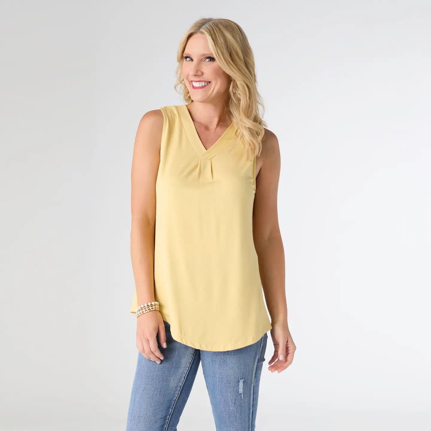 Pleat Back V-Neck Tank-Dusty Citrus