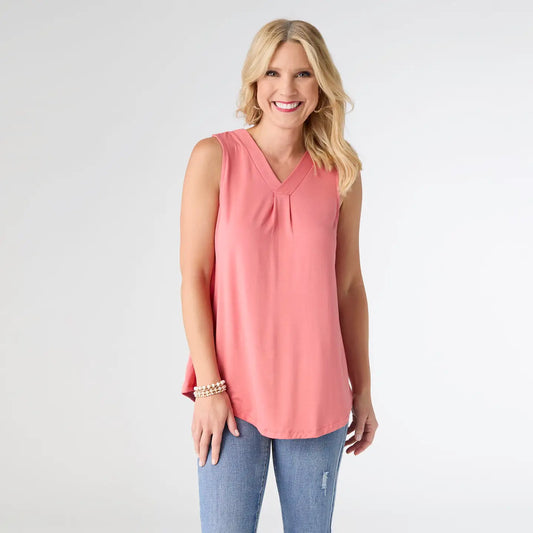 Pleat Back V-Neck Tank-Sunset Salmon