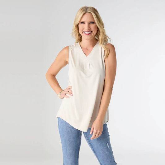 Pleat Back V-Neck Tank-Cloud Dancer