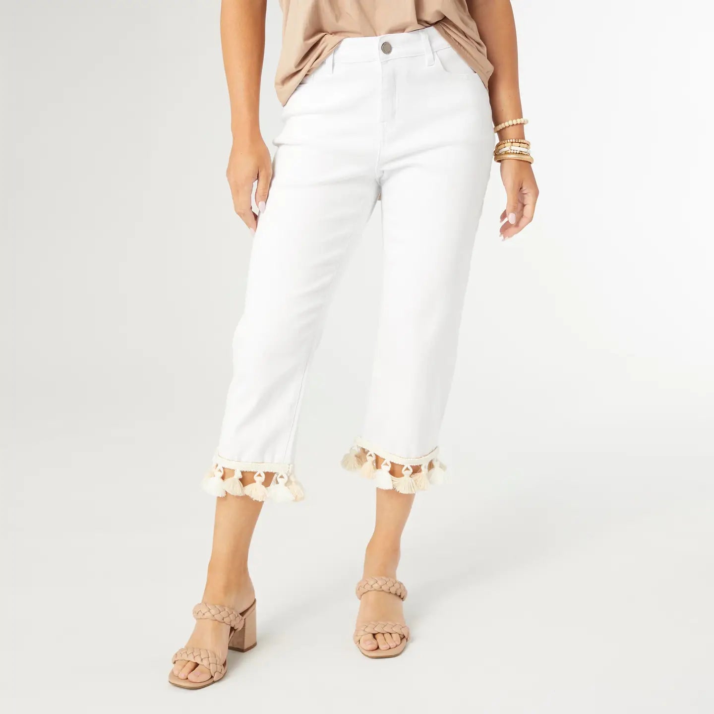 Straight Leg Crop Pant w/Tassels-Crisp White