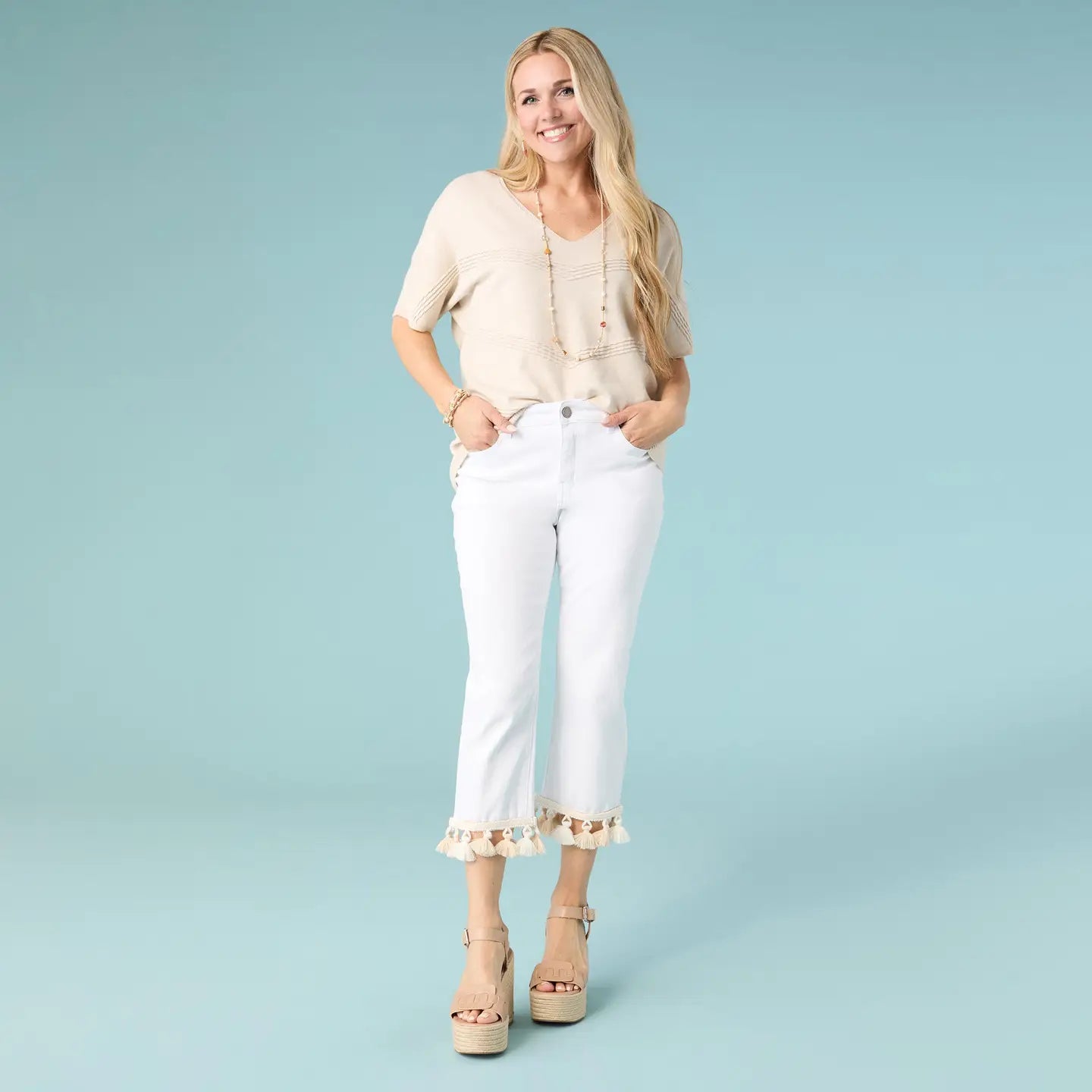 Straight Leg Crop Pant w/Tassels-Crisp White