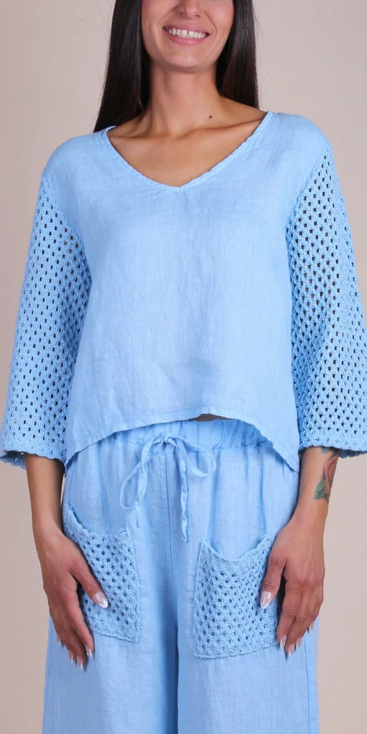 Primavera Linen Top-Blue