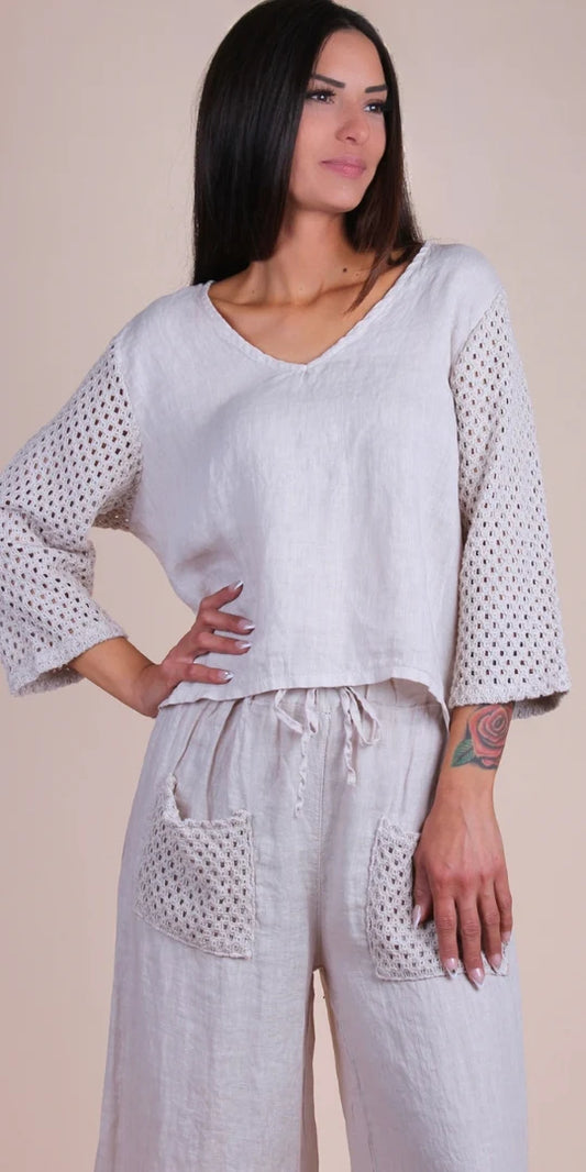 Primavera Linen Top-Beige