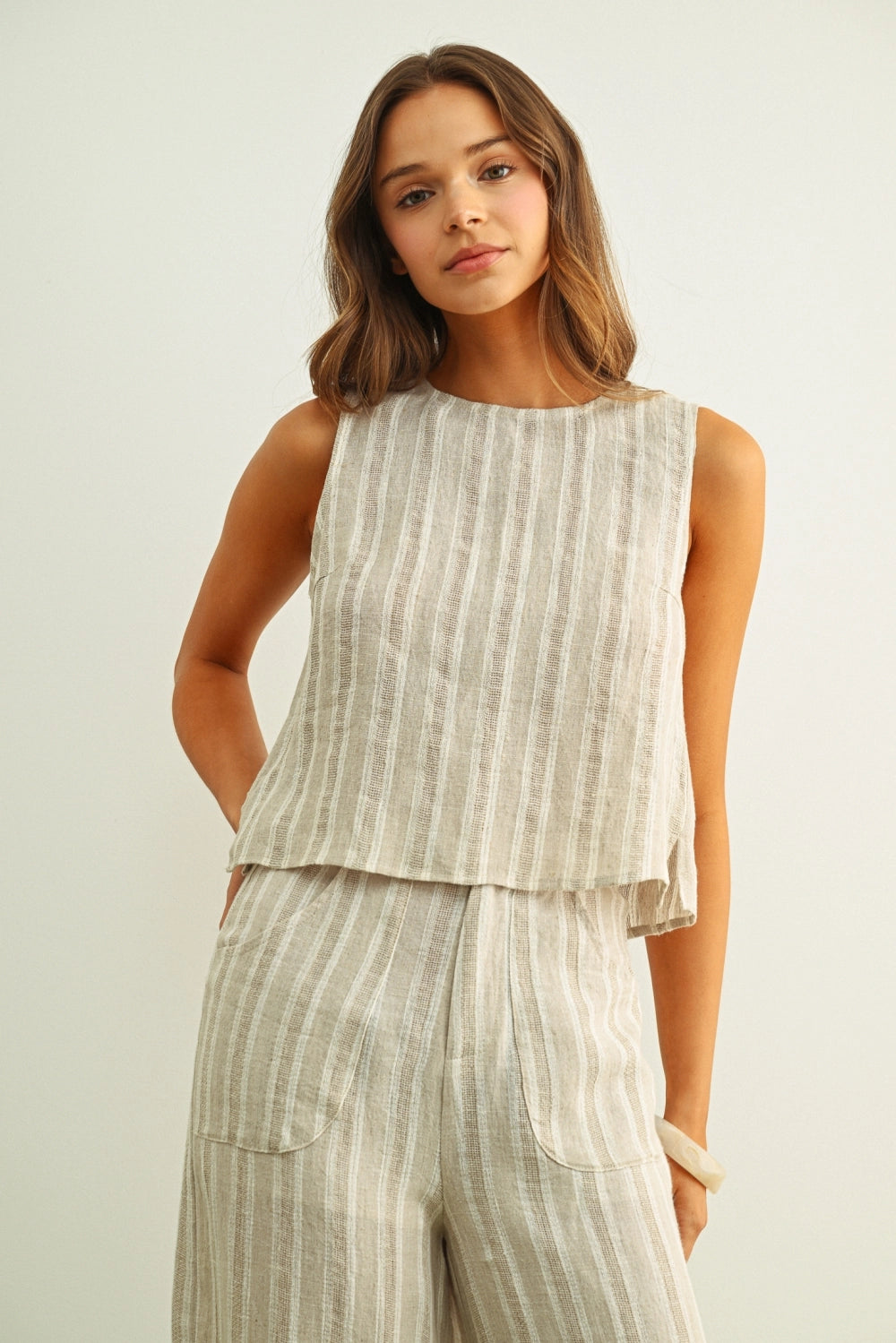Jacquard Linen Twisted Back Top-White/Stone