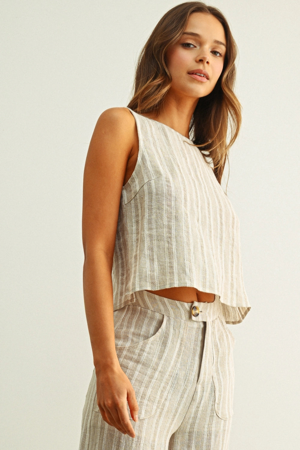 Jacquard Linen Twisted Back Top-White/Stone