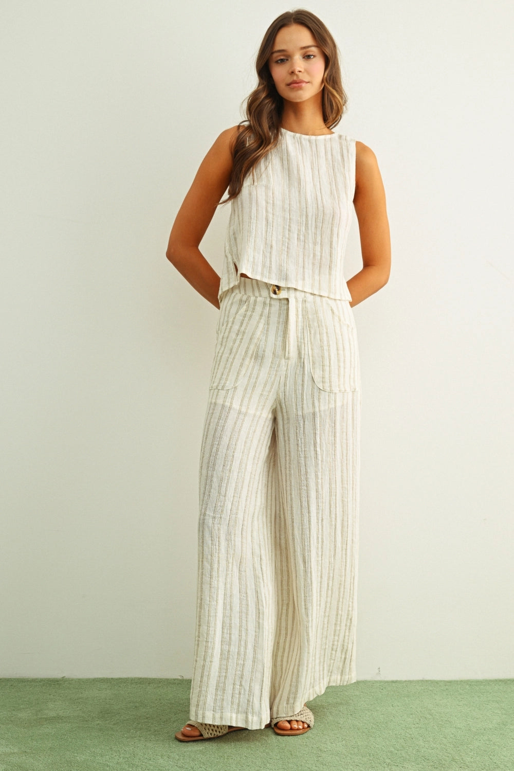 Jacquard Linen Twisted Back Top-White/Stone
