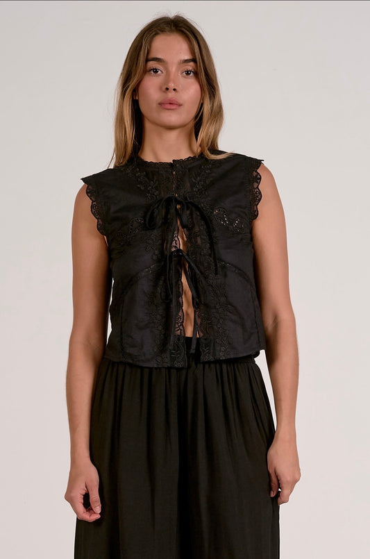 Sleeveless Tie Top-Black