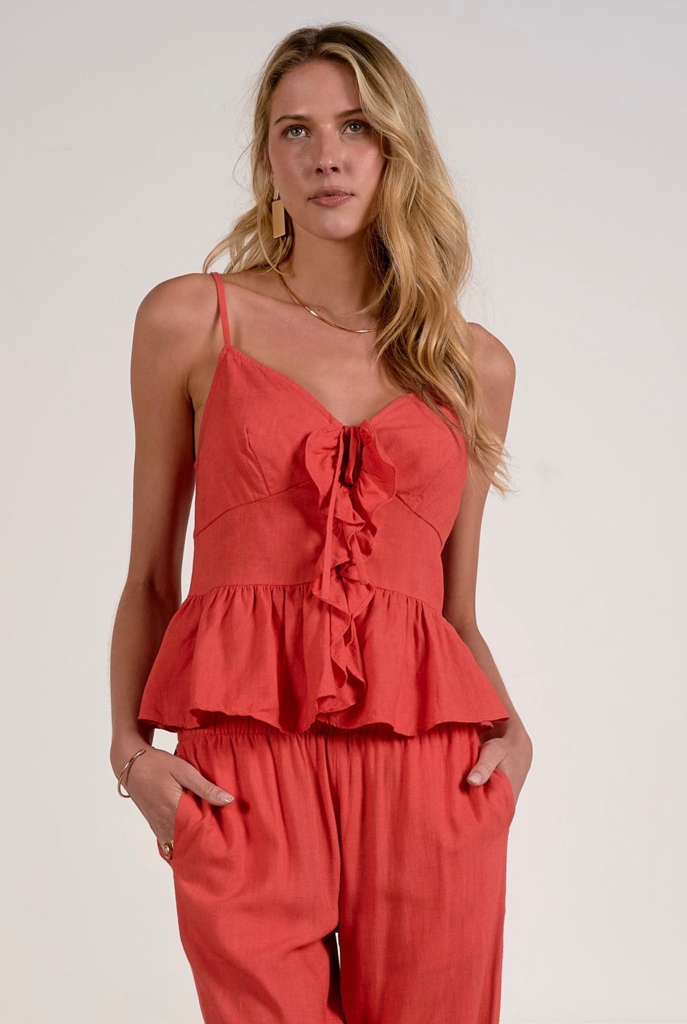Spaghetti Strap Ruffle Top-Red