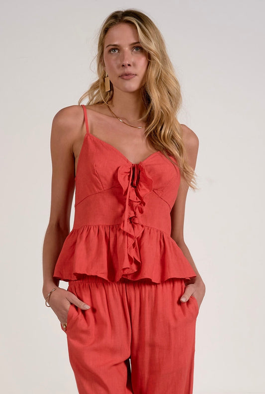Spaghetti Strap Ruffle Top-Red