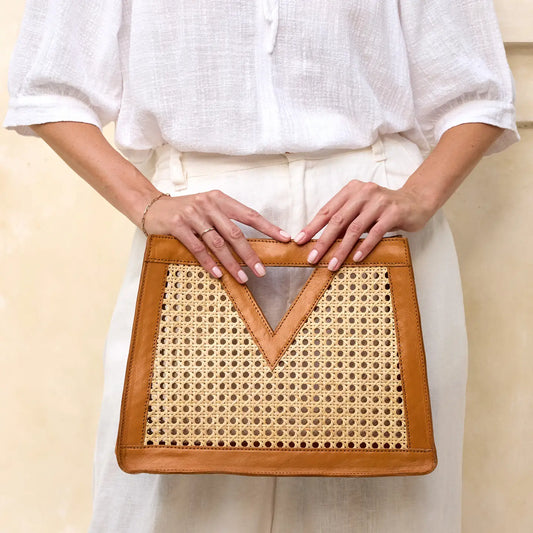 Brown Cane Weave Rattan Triangle Handbag