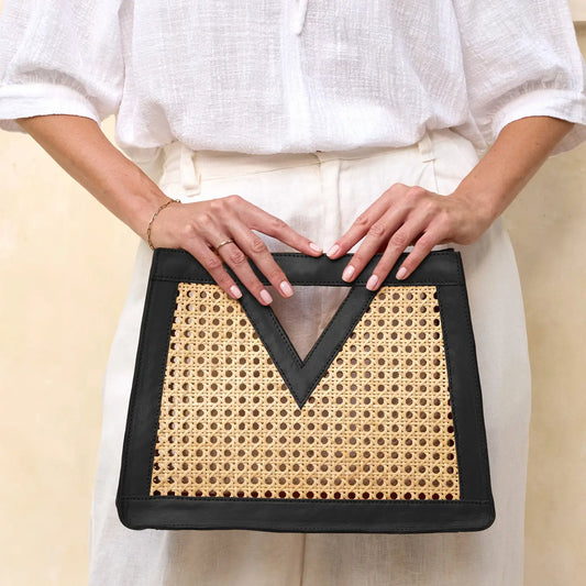 Black Cane Weave Triangle Rattan Handbag