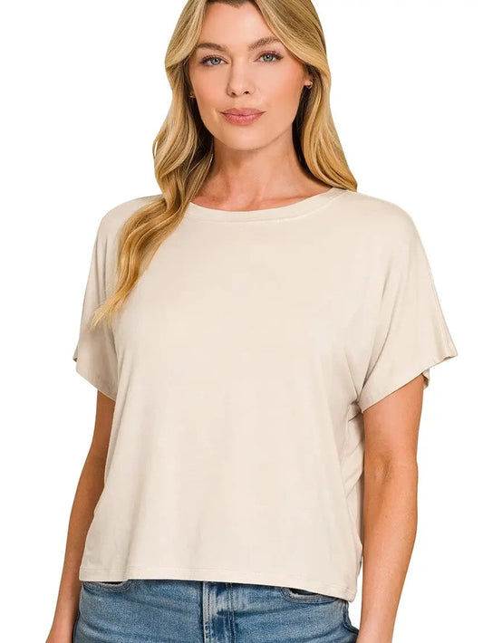 Cropped Round Neck Tee-Sand Beige
