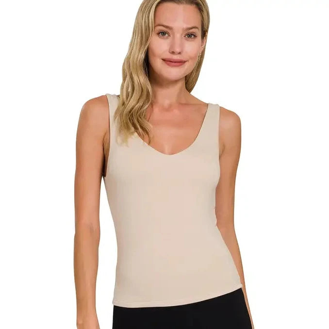Premium Rayon Double Layered V-Neck Tank-Sand Beige