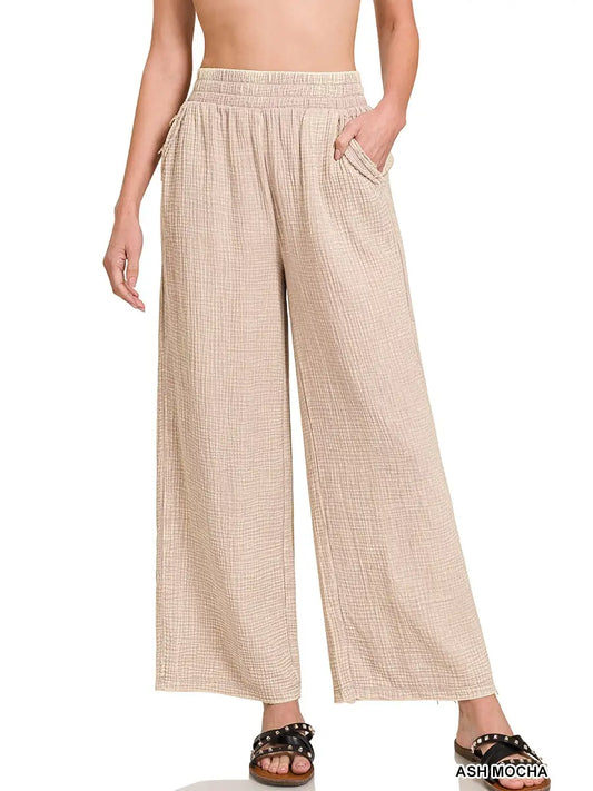 Washed Double Gauze Elastic Band Waist Pants-Ash Mocha