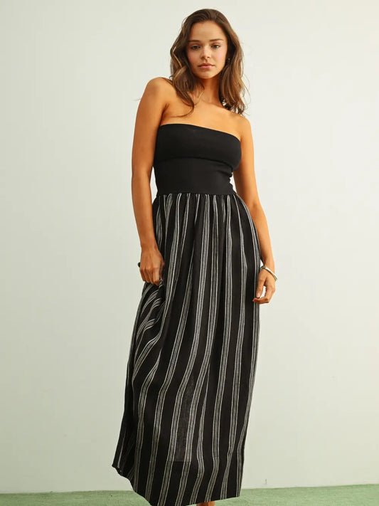Striped Pattern Knit w/Ribbed Top Dress-Black