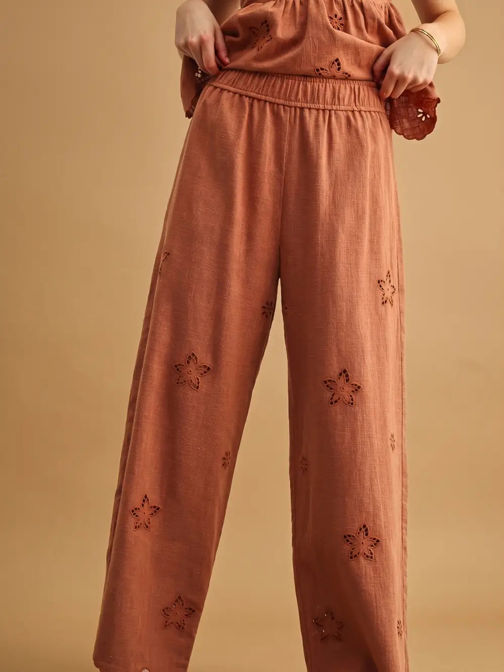 Embroidered Elastic Waist Pants-Clay