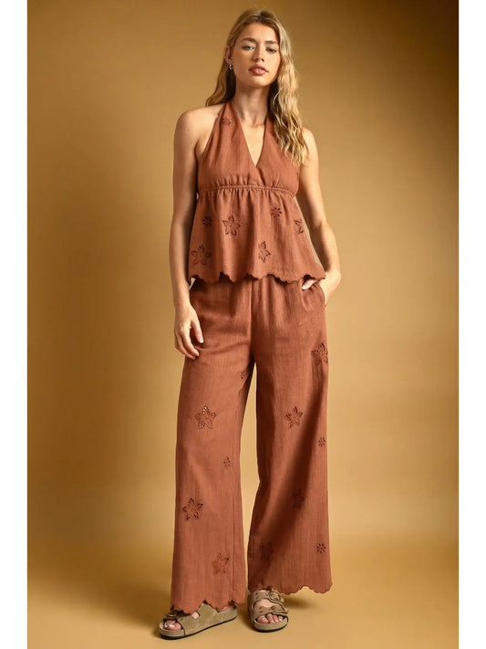 Embroidered Elastic Waist Pants-Clay