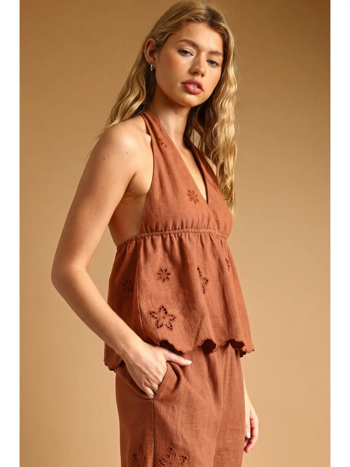 Embroidered Linen Top w/Tie Strap-Clay