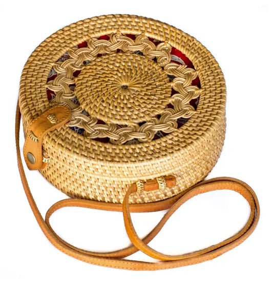 Round ATA Rattan Braided Straw Bag-Brown