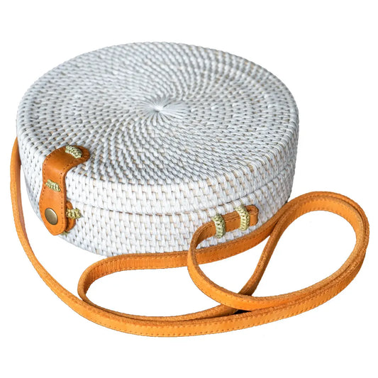 Round ATA Rattan Straw Beach Bag-White