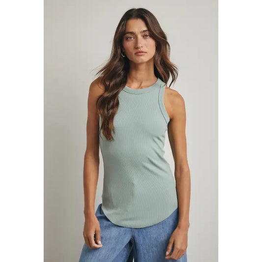 Crew Neck Ribbed Knit Tank Top-Sage