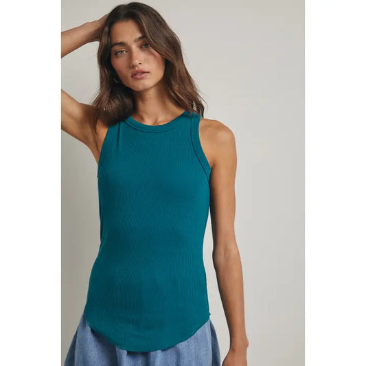 Crew Neck Ribbed Knit Tank Top-Teal