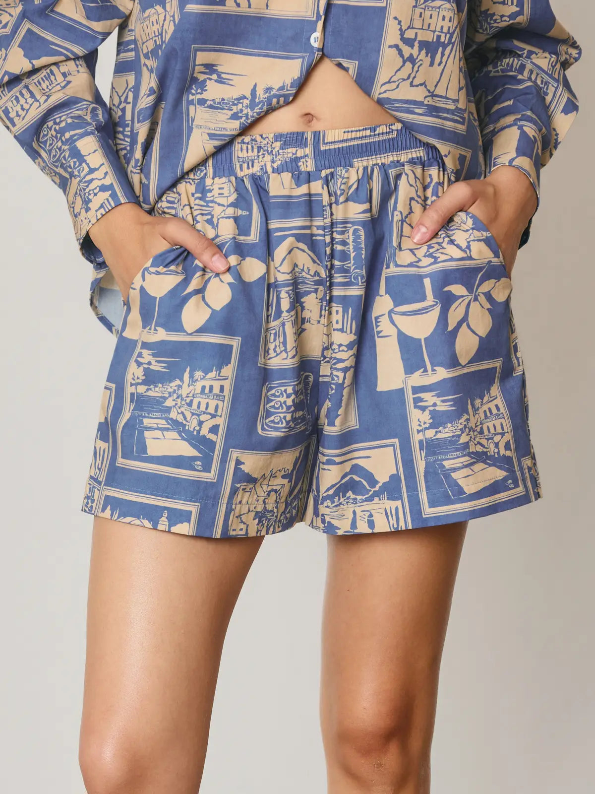 Conversational Print Relaxed Shorts-Nautical Blue
