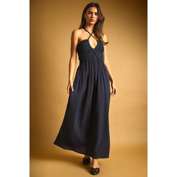 Washed Gauze w/Crochet Top Contrast Dress-Navy