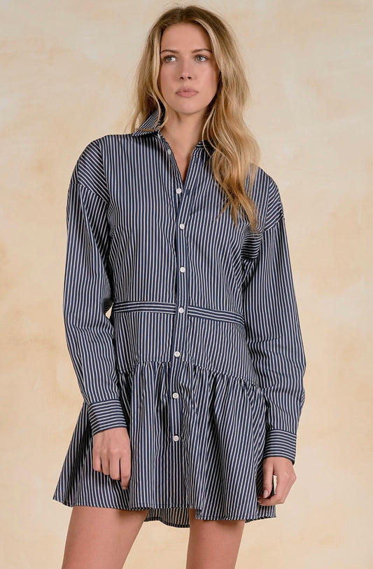 LS Button Down Dress-Blue Stripe