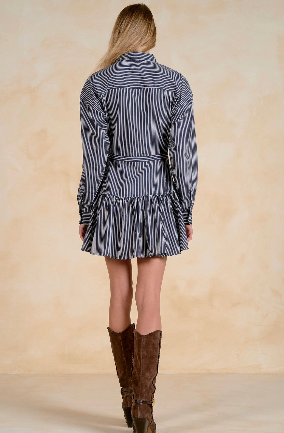 LS Button Down Dress-Blue Stripe