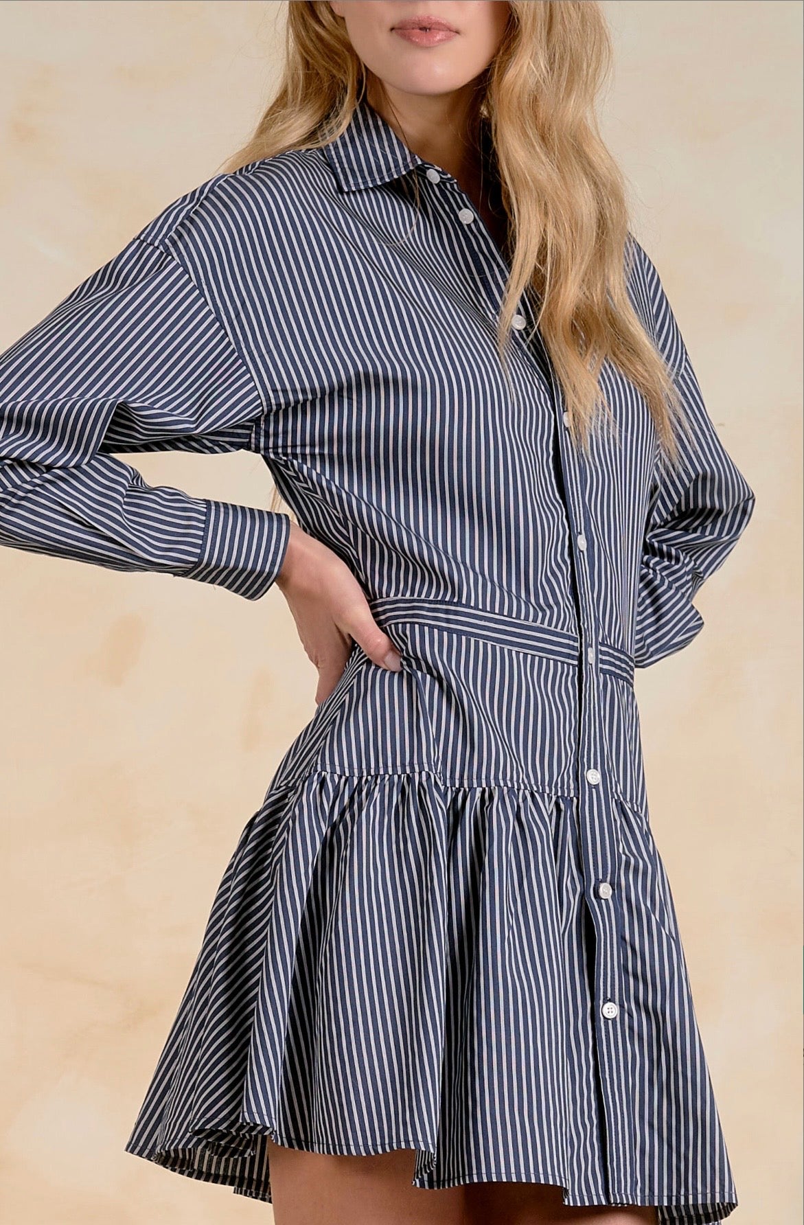 LS Button Down Dress-Blue Stripe