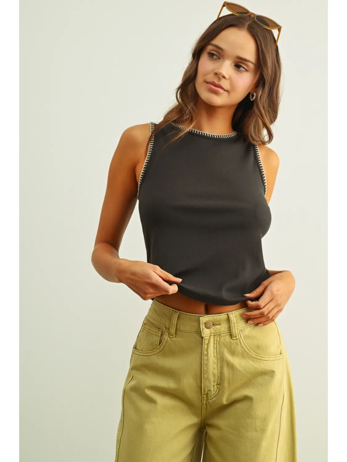 Mini Ribbed Knit Top w/Stitch Detail-Charcoal