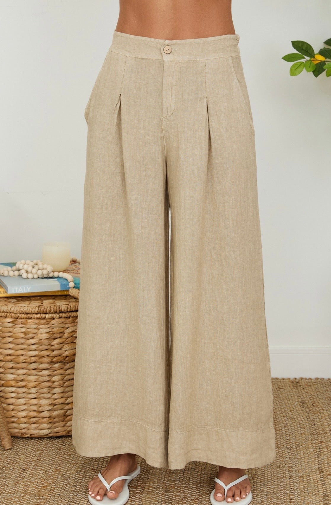 Linen Pleat Button Front Palazzo Pants-Earth Beige
