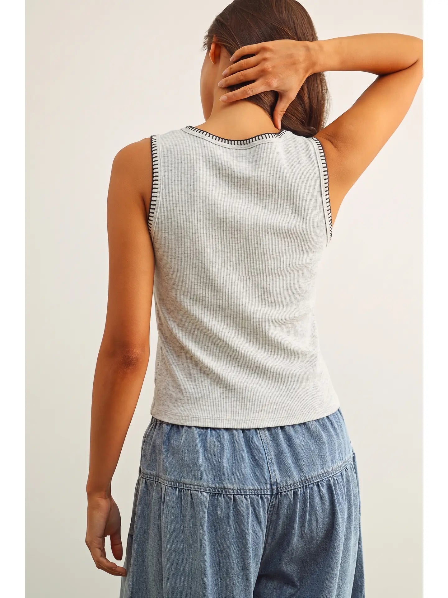 Mini Ribbed Knit Top w/Stitch Detail-Heather Grey