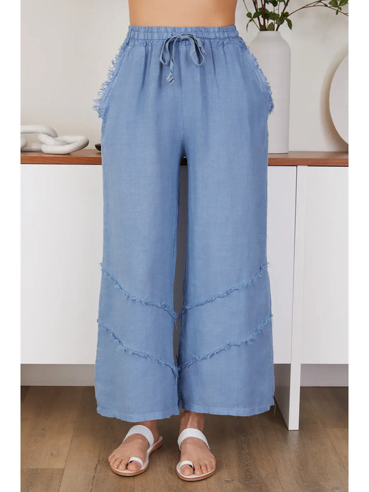 Italian Linen Frill Trim Palazzo Pants-Denim Blue