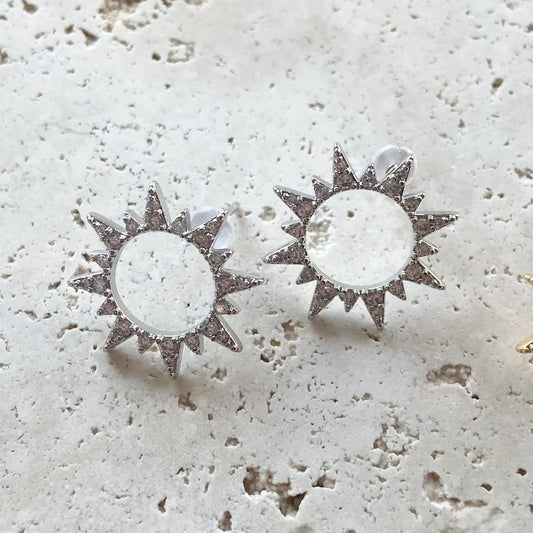 Crystal Sun Earrings-Silver