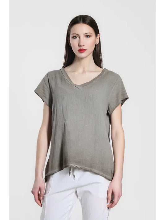 Nola Cotton/Linen V-Neck Top-Taupe Enzyme