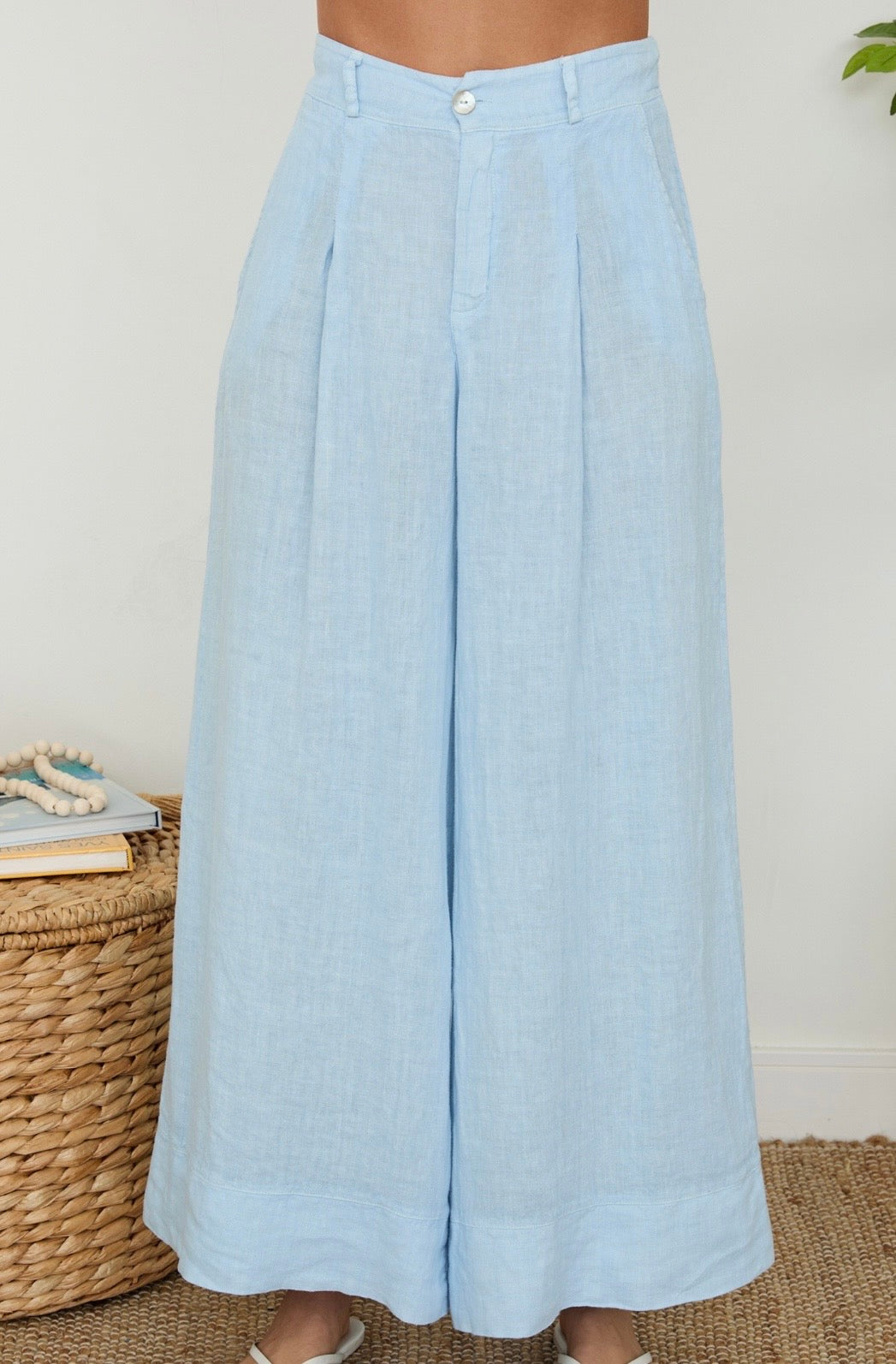 Linen Pleat Button Front Palazzo Pants-Sky Blue